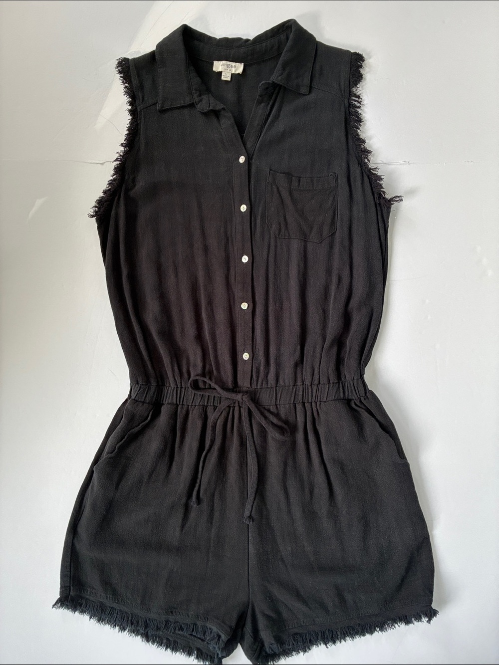 Umgee Black Women's Jumper Frayed Detailing Drawstring Waist Large Linen Blend